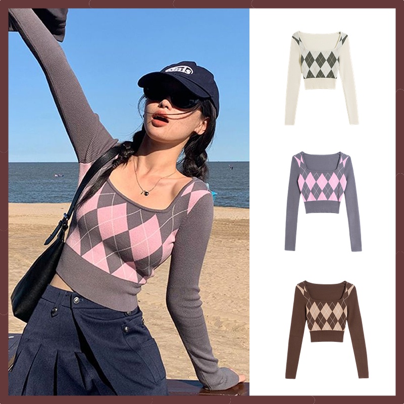 Square Neck Sweater Rajut Kotak Kotak Wanita Lengan Panjang