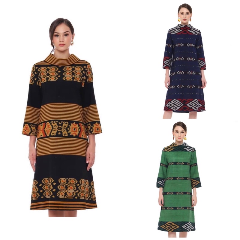 dress maxi modern turtleneck batik tenun gamis wanita