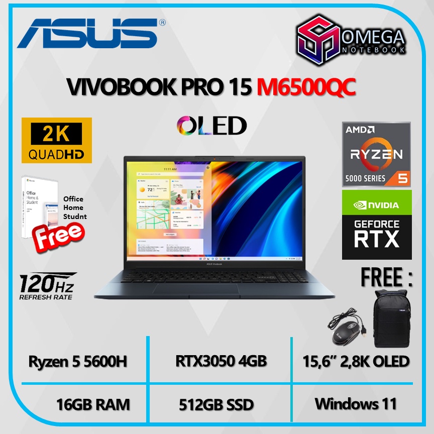 ASUS VIVOBOOK PRO 15 M6500QC OLEDS55 Ryzen 5 5600H 16GB 512GB RTX3050 4GB 15,6&quot; 2,8K OLED