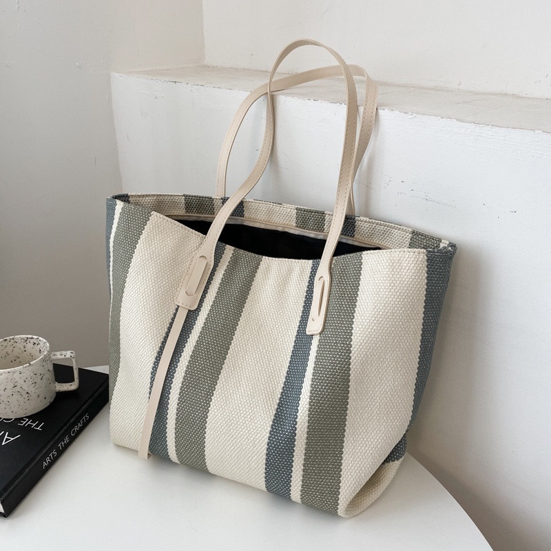 NAOMI - Rossalie Shoulder Bag Wanita Import Motif Garis Cantik - Tote Bag Canvas Premium - Tas Wanita Impor Big Size - Tas Kerja Kuliah - Tas Wanita - Tas Naomi - Naomi Bag - kantong belanja - shopping bag - tas supermaket