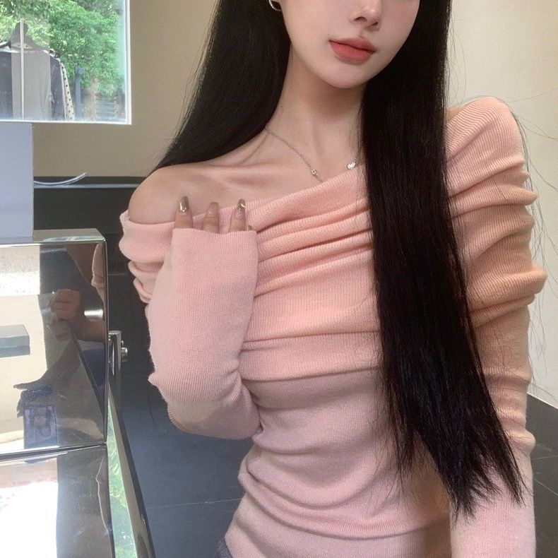 Red Keinginan murni untuk berhati-hati ji one-shoulder rajutan bottoming shirt wanita musim gugur dan musim dingin menebal desain sweater rasa atasan chic lengan panjang