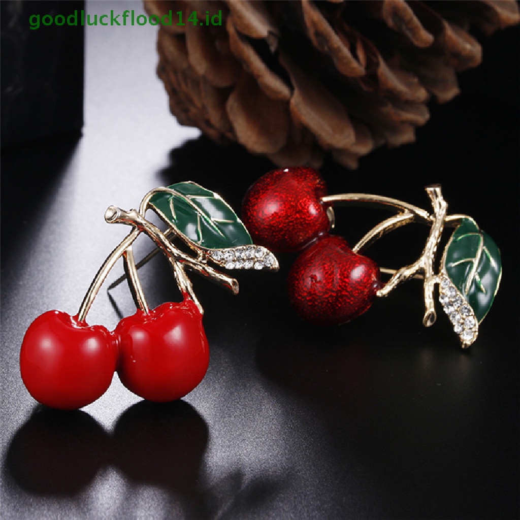 [GOOGFOUR] Enamel Merah Cherry Logam Bros Pin Tombol Kristal Bros Sweater Klip Perhiasan [TOP]