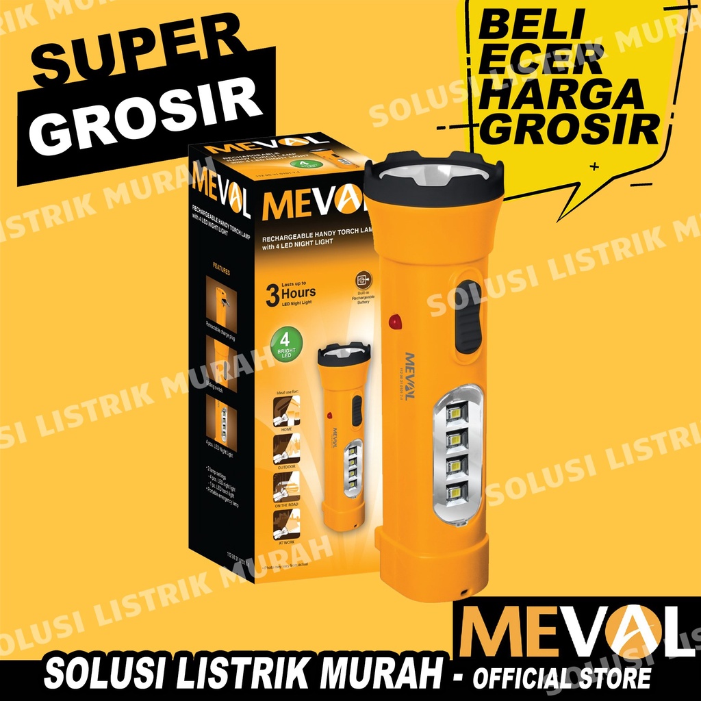 MEVAL 4 BRIGHT LED SENTER CAS EMERGENCY DENGAN LAMPU TIDUR Charge Baterai Isi Ulang