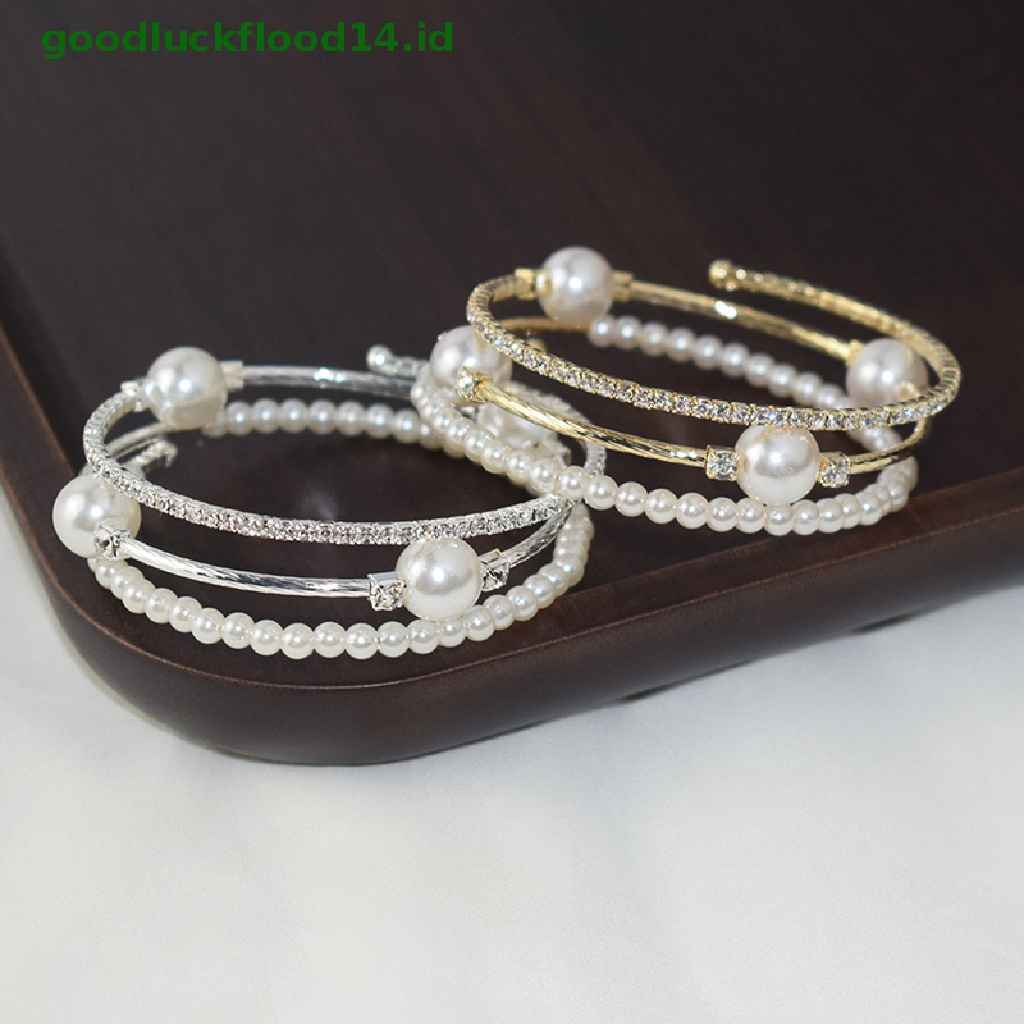 [GOOGFOUR] Kristal Mutiara Gelang Wanita Berlian Imitasi Multi-layer Adjustable Bangles Manset Berlapis Emas Perak Pesona Gelang Perhiasan Hadiah [TOP]