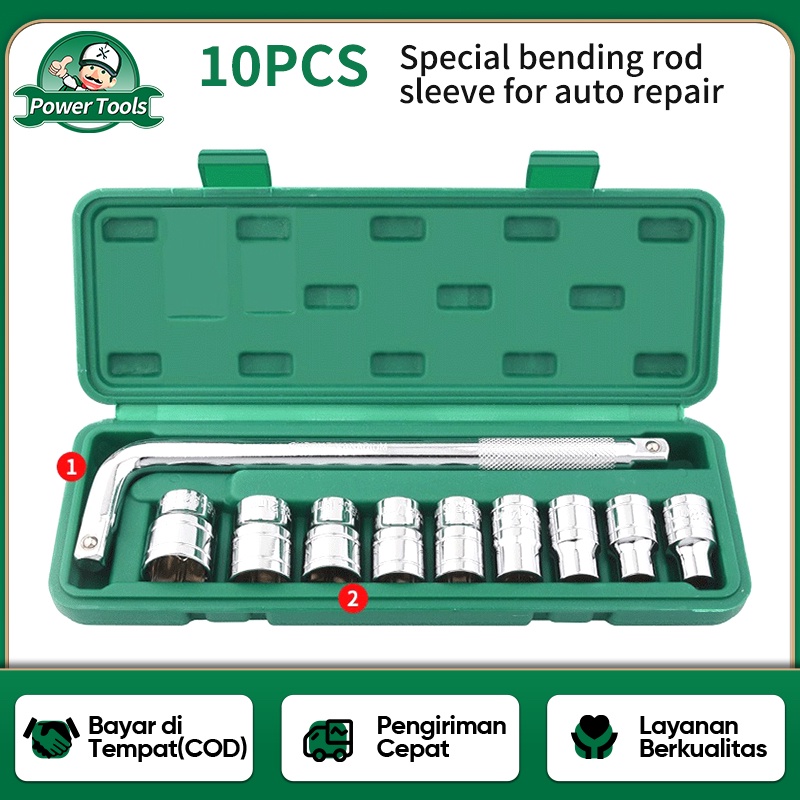 ISKU Kunci L Shock Set 10pc 8-24mm 1/2 Mata Sok Cr-V Special Bending Rod Sleeve Perbaikan Ban Alat Bengkel Socket Wrench Set Gagang Sock L Perbaikan Sepeda Motor Mobil