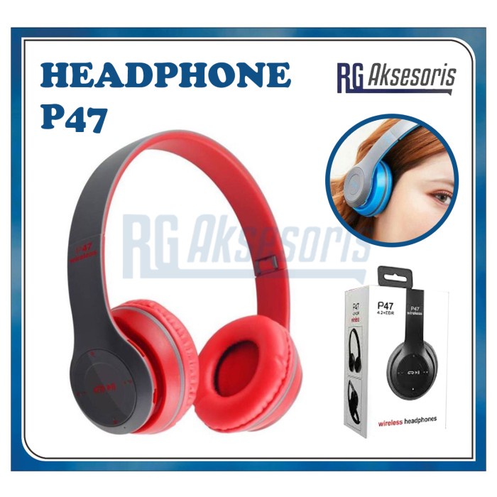 headset bluetooth HEADPHONE BLUETOOTH P47 Pure Bass | Headset Bluetooth P47 PRO - P47 BIASA, Merah(A