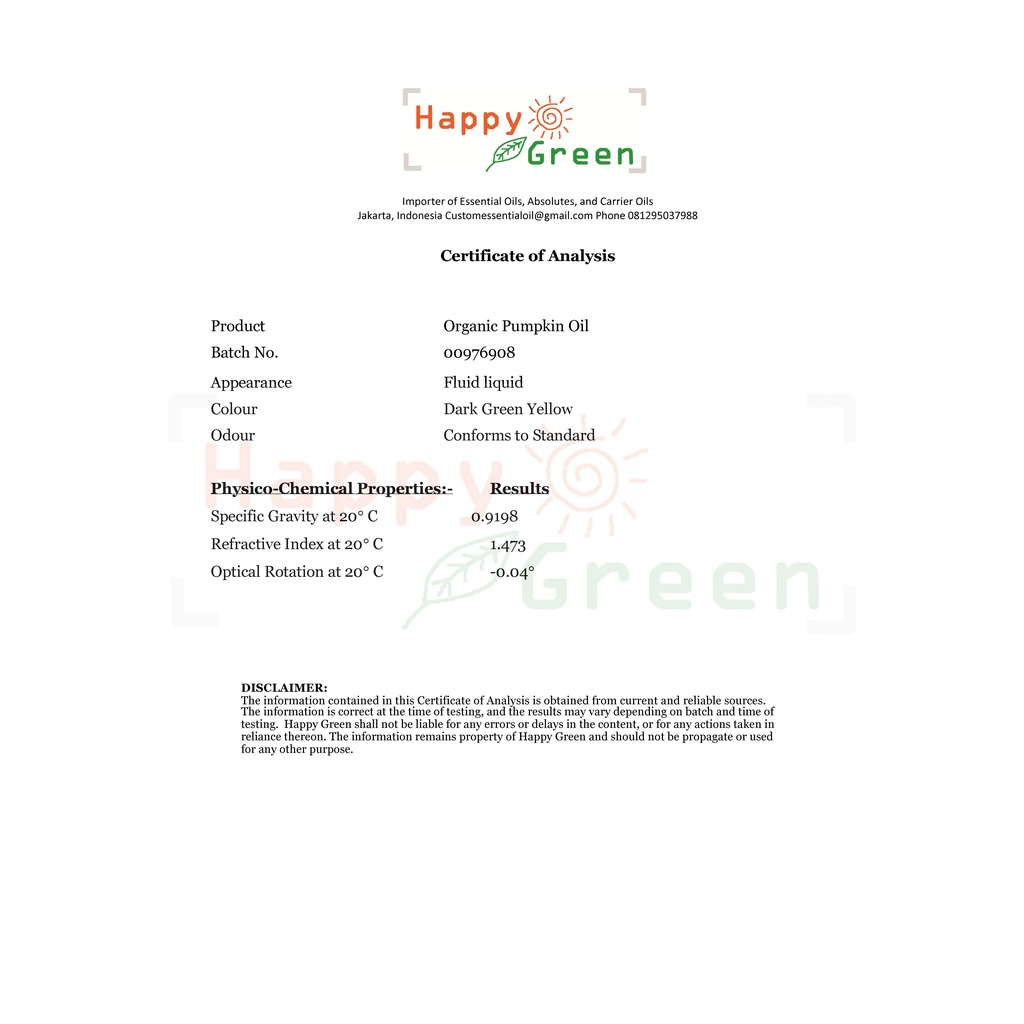 Happy Green ORGANIC Pumpkin Seed Oil - Minyak Labu Kuning