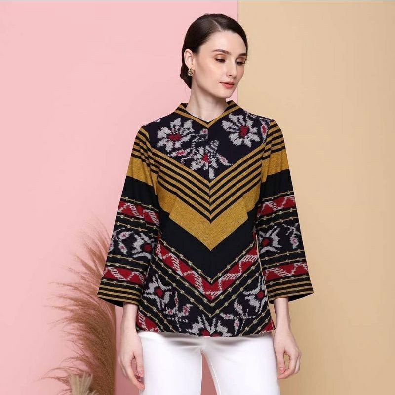 Blouse Tenun Etnik Motif Kain Tenun Baju Kerja Atasan Wanita