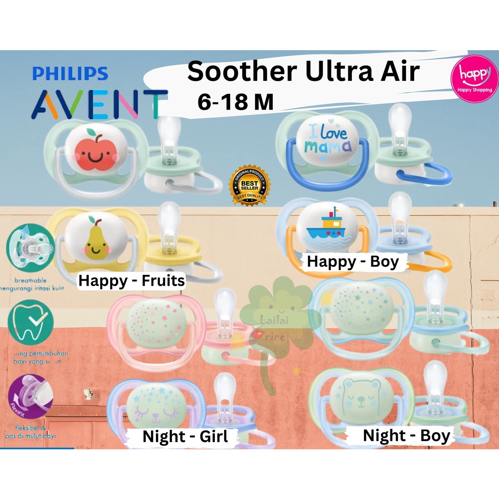 *NEW* Philips Avent Soother Ultra Air Pacifier Happy Orthodontic  BPA Free / Glow in the Dark SCF376/11 / SCF080/17 2Pack isi 2 pcs - Empeng Dot Bayi