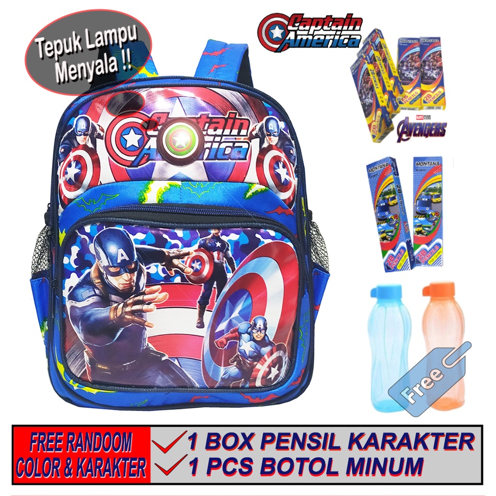 Tas Ransel Anak Laki laki Paud / Tk Led Lampu Nyala karakter CAPTAIN AMERICA FREE BOTOL