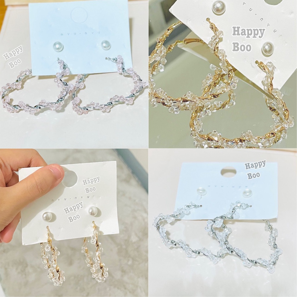 anting set 2 pasang ring crystal love + mutiara 2lv stainless titanium