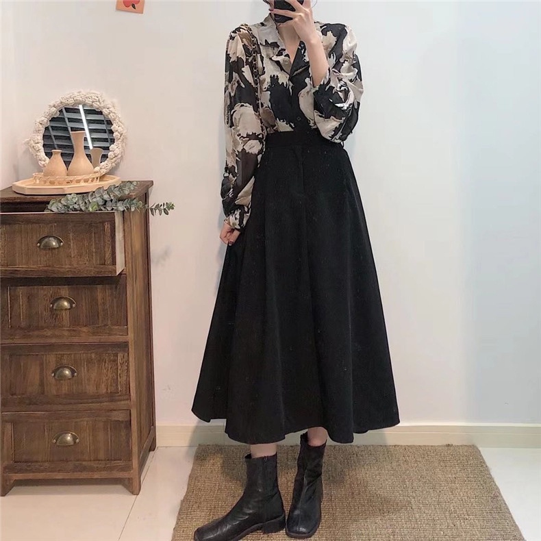 yikoo-Korea set oversize kemeja + maxi rok baju fashion wanita