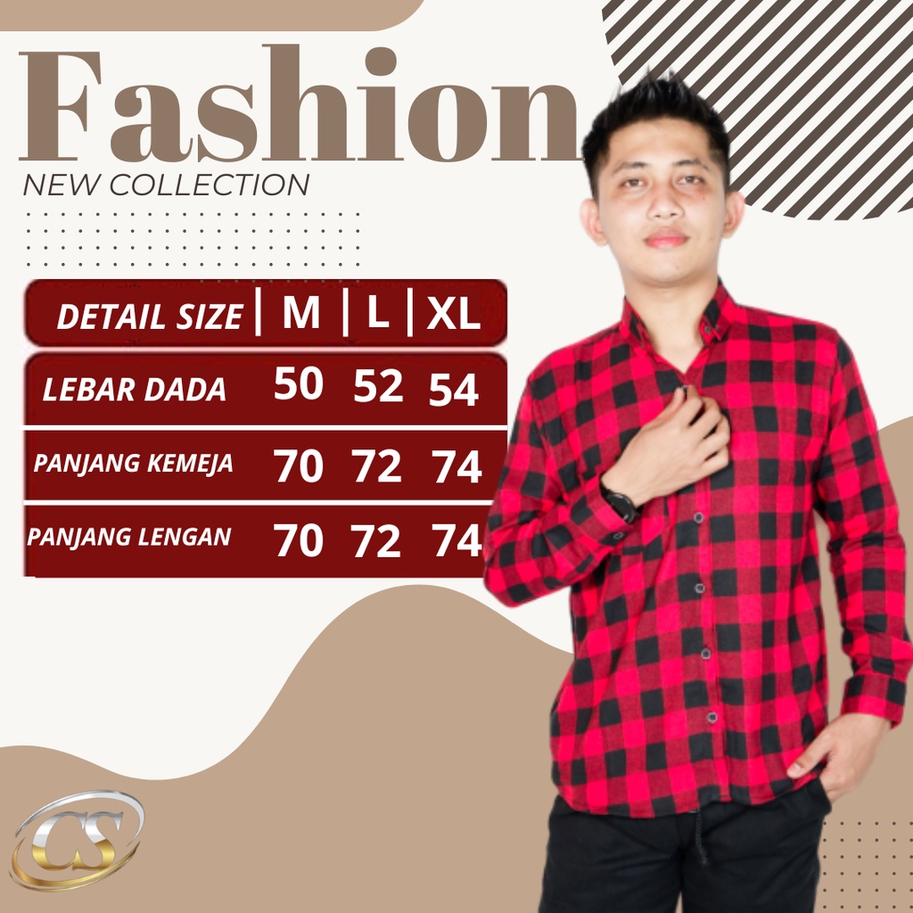 Kemeja Kotak Kotak Pria Flanel Lengan Panjang Korea Slimfit