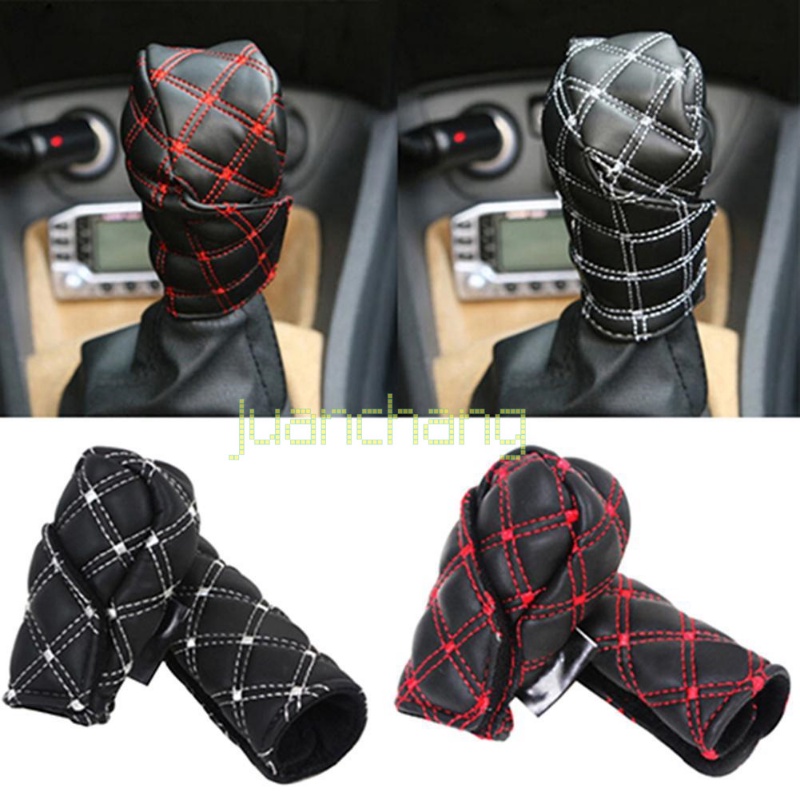 2pcs Universal Grid Microfiber Auto Mobil Kulit Imitasi handbrake Grips Faux Leather Gear Shift Knob Cover Penutup Rem Tangan Lengan 2in1 Set handbrake Perlengkapan Aksesoris Interior