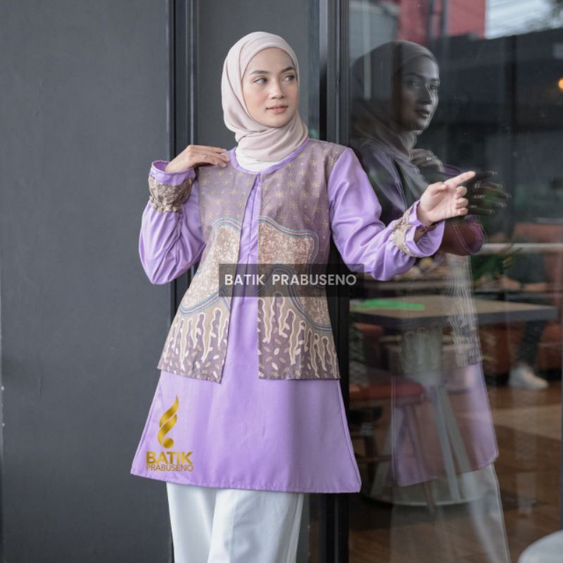 Tunik Batik Wanita Motif Erisa Ungu Model Resleting Depan Lapis Furing Trikot Bahan Katun Printing P