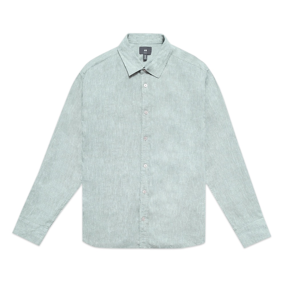 H&amp;M Slim Fit Linen Long Sleeve Shirt Green