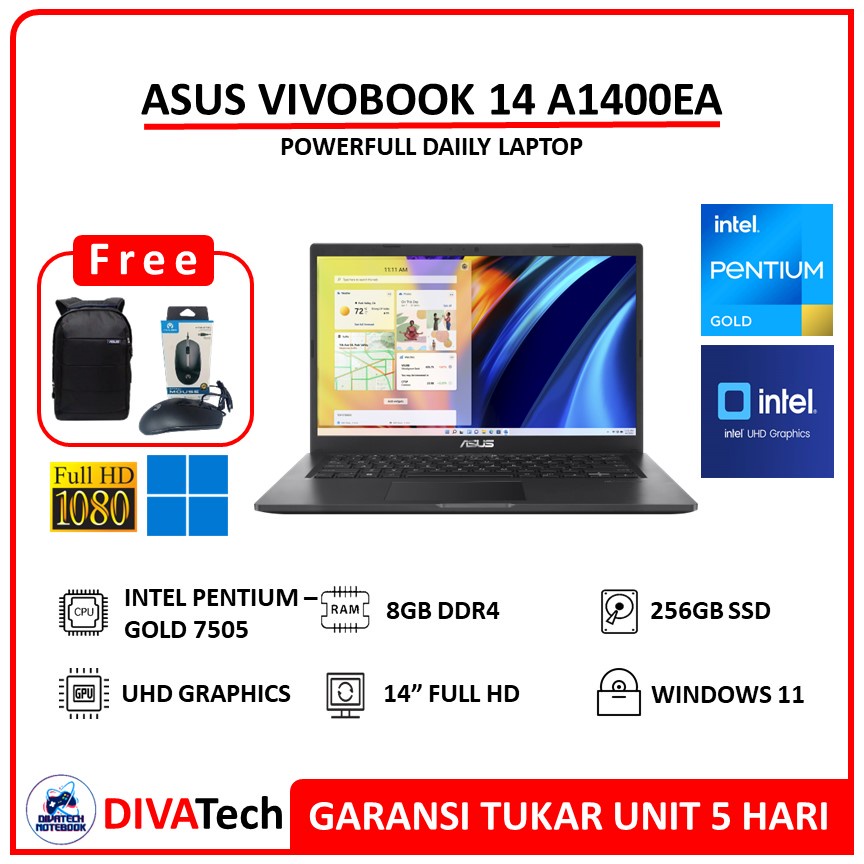 Asus Vivobook 14 A1400EA Pentium Gold 7505 Max RAM 12GB 256GB SSD FHD W11 | Laptop Asus