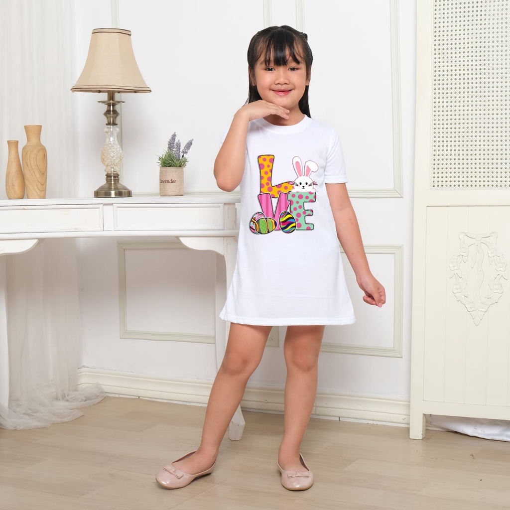 Hzl_outfit Dress For Girl Kids Love Bunny/ Dress Anak Anak Size/ M,L,XL