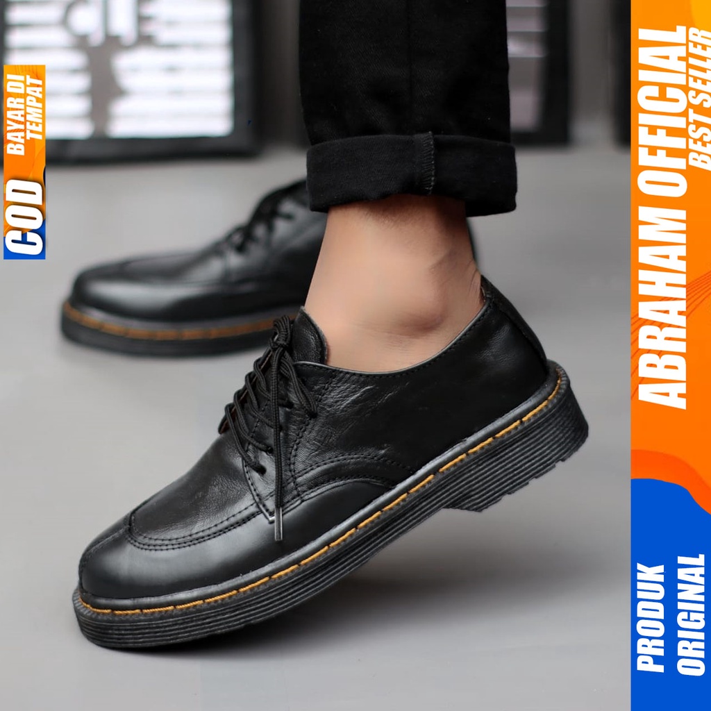 Sepatu Formal Pantofel Docmart Kulit Asli  Pria Kerja Kantor Hitam Abraham FAUNA