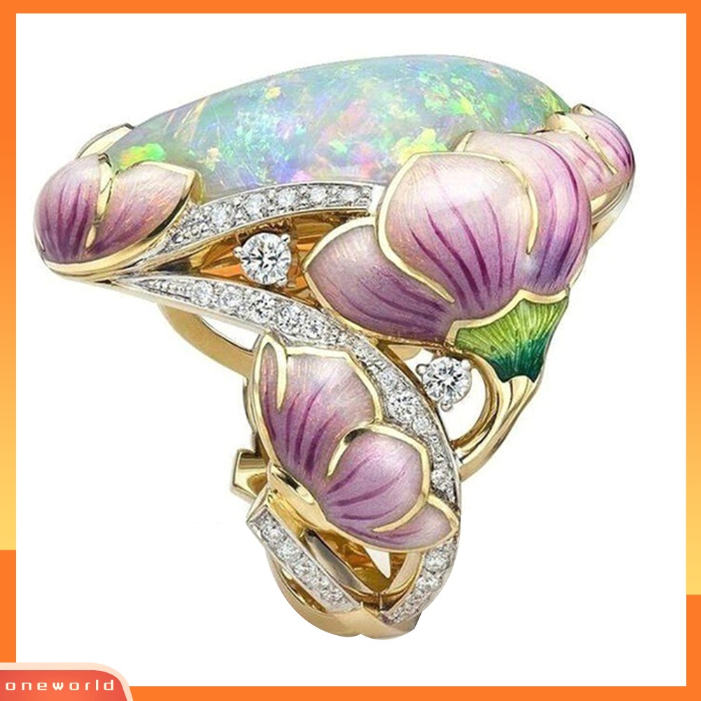 {oneworld} Elegan Wanita Berlian Imitasi Imitasi Opal Hias Lotus Floral Cincin Pesta Perhiasan Hadiah