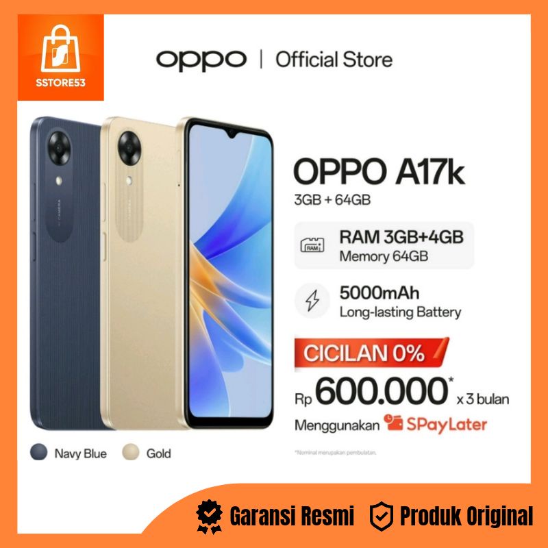 OPPO A17K 3/64 + EXPANSI RAM [4GB] GARANSI RESMI 1 TAHUN