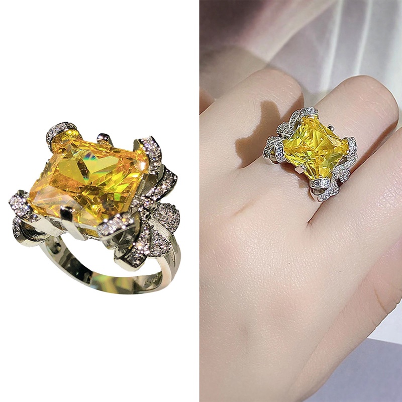 Mewah Perempuan Cincin Batu Kristal Kuning Klasik Warna Perak Kawin Rings Untuk Wanita Trendi Zirkon Persegi Tipis Engagement Ring
