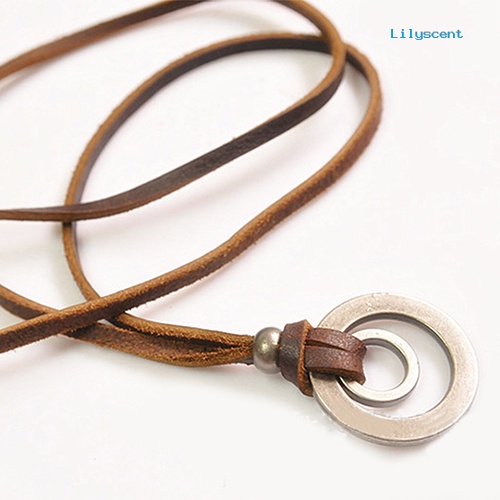 Ls Kalung Rantai Tali Kulit Pria Wanita Brown Double Ring Pendant Adjustable