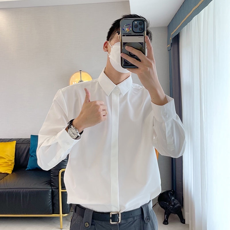 Putih Kemeja Pria Korea Menyetrika Gratis Lengan Panjang Pu  Kemeja Putih 2022   Kemeja Pemuda pria 