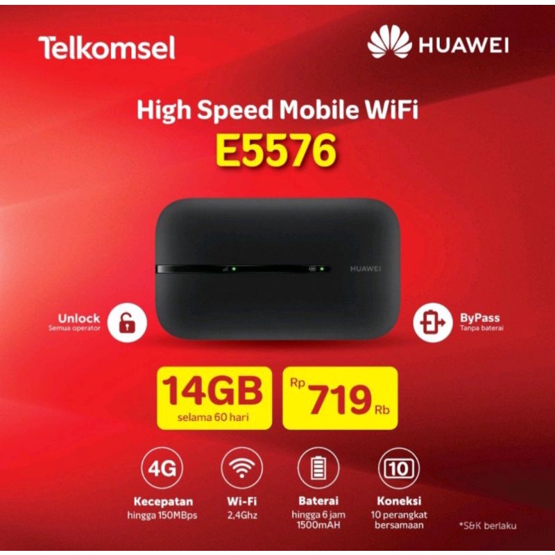 Modem Wifi Router 4G UNLOCK Huawei E5576 Free Telkomsel Kuota14Gb/2Bulan