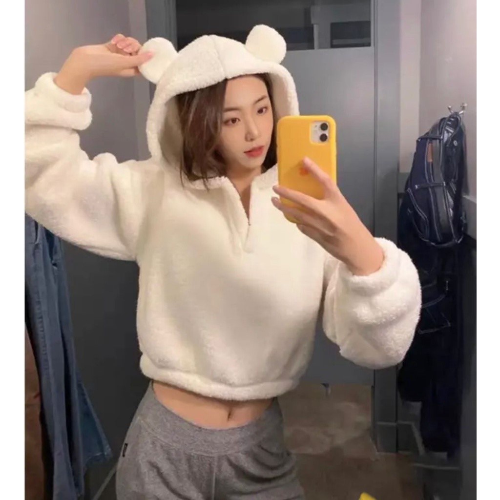 Sweater Hoodie Crope Cute Sherpa Bulu Domba