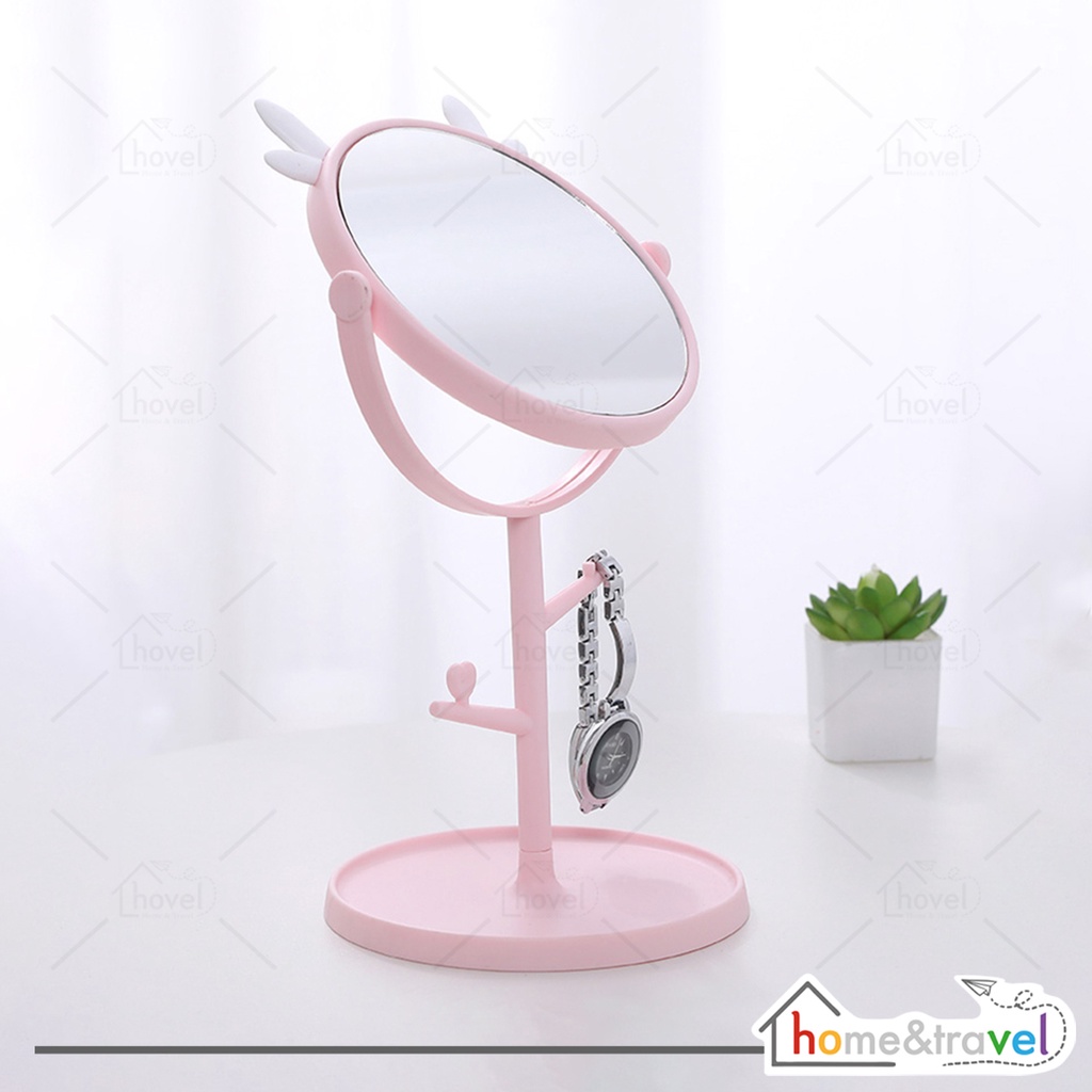 HOVELSHOP Cermin Make Up Bulat Kaca Meja Rias Standing Mirror Motif Telinga Lucu