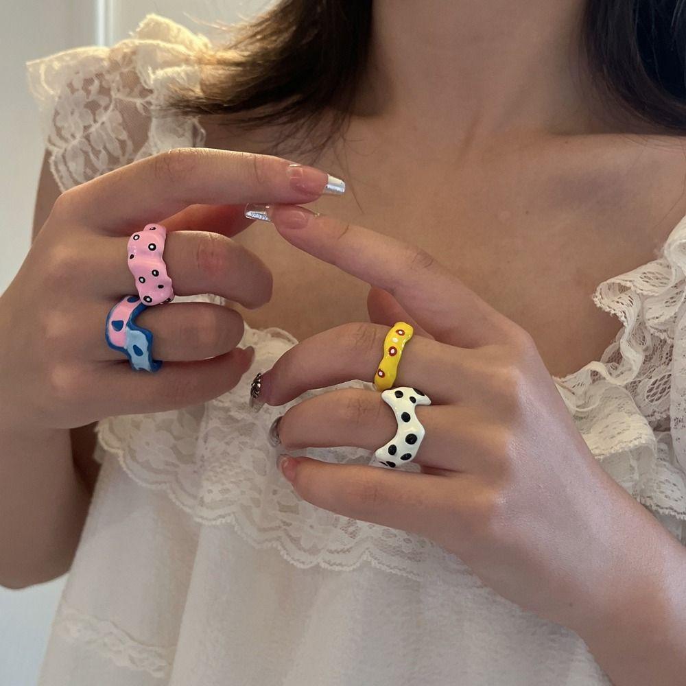 Mxbeauty Cincin Wanita Halus Dapat Disesuaikan Sederhana Y2K Stripe Niche Desain Proses Tetesan Minyak Ins Gaya Polkadot Gaya Korea Ring