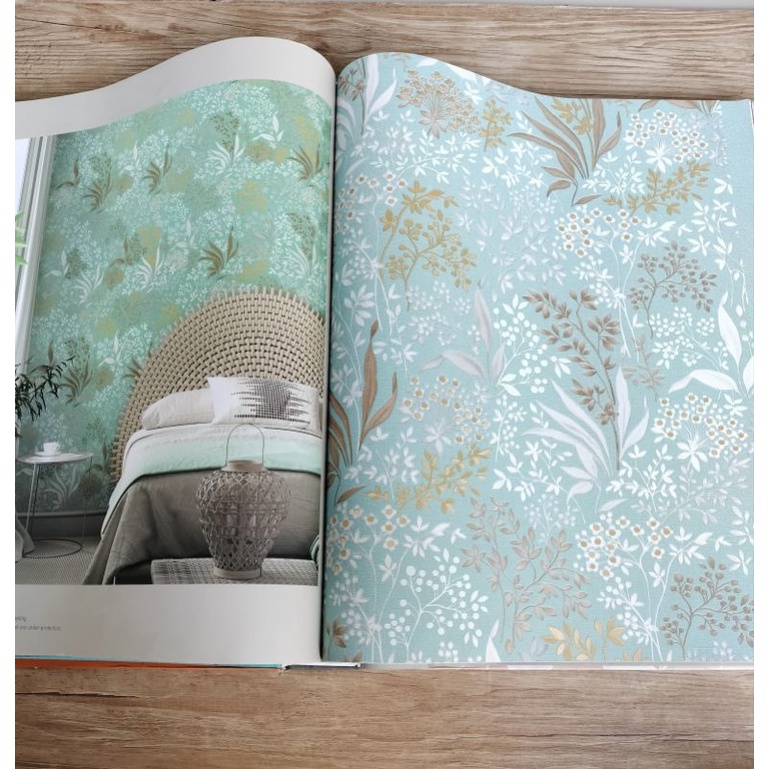 wallpaper Korea motif bunga vintage hijau cream