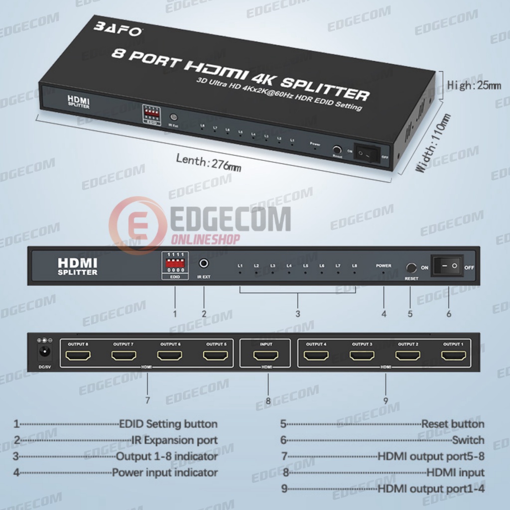 BAFO HDMI Splitter 8 Port Support 4K ORIGINAL