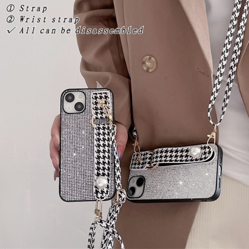 [High Quality] Flash Diamond Wrist Strap Case Untuk IPhone 14,13,12,11 Pro Max Casing Ransel Motif Houndstooth