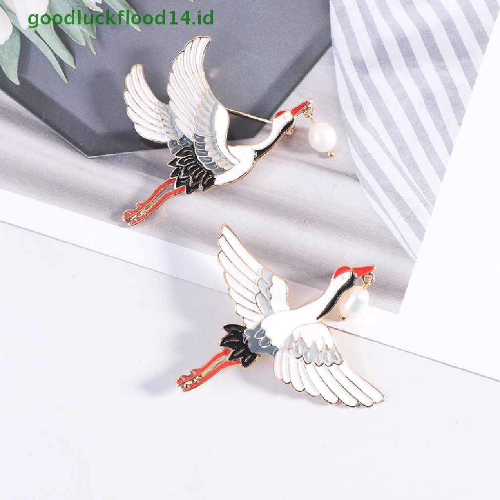 [GOOGFOUR] 1pc Mutiara Bangau Enamel Pin Vintage Burung Pesona Bros Wanita Perhiasan [TOP]