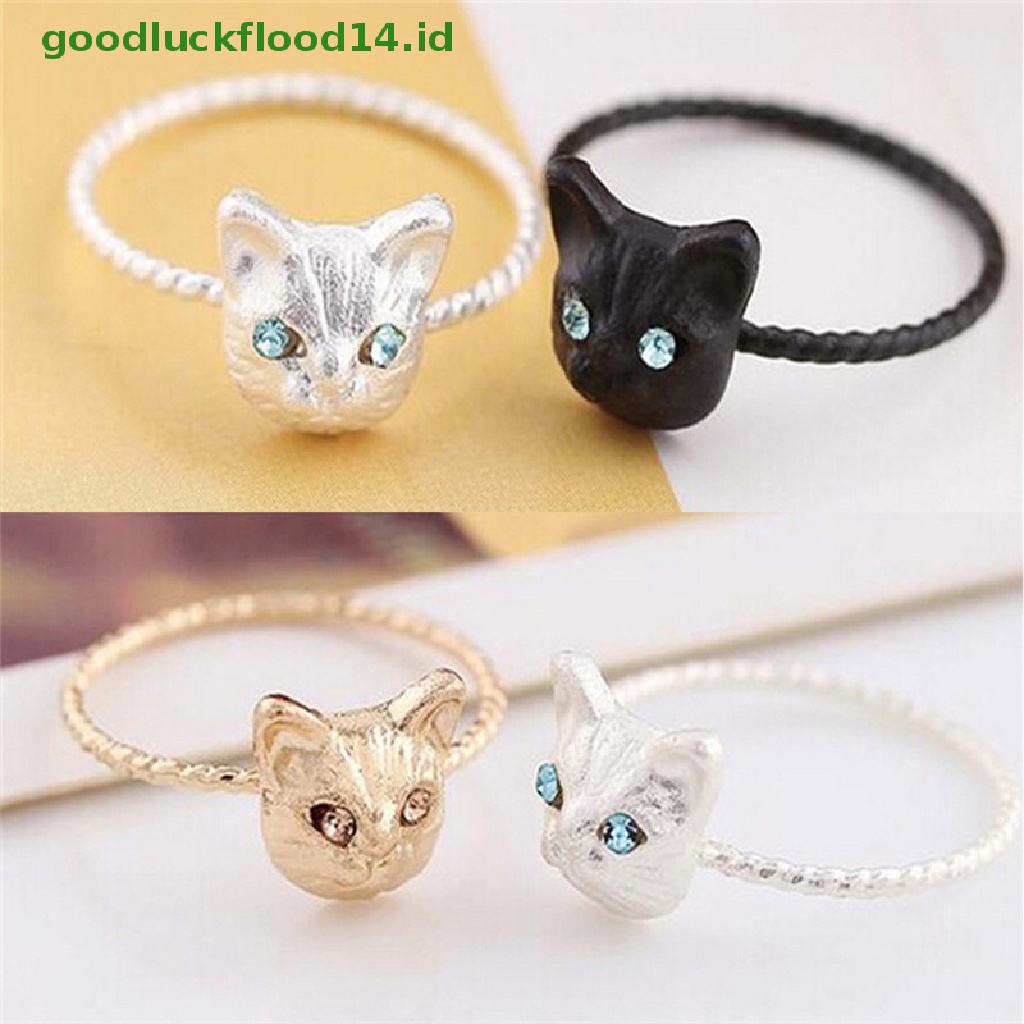 [GOOGFOUR] 1pc Wanita Mini Indah Kucing Berbentuk Cincin Berlian Imitasi Studd Ring Hitam Emas Perak [TOP]