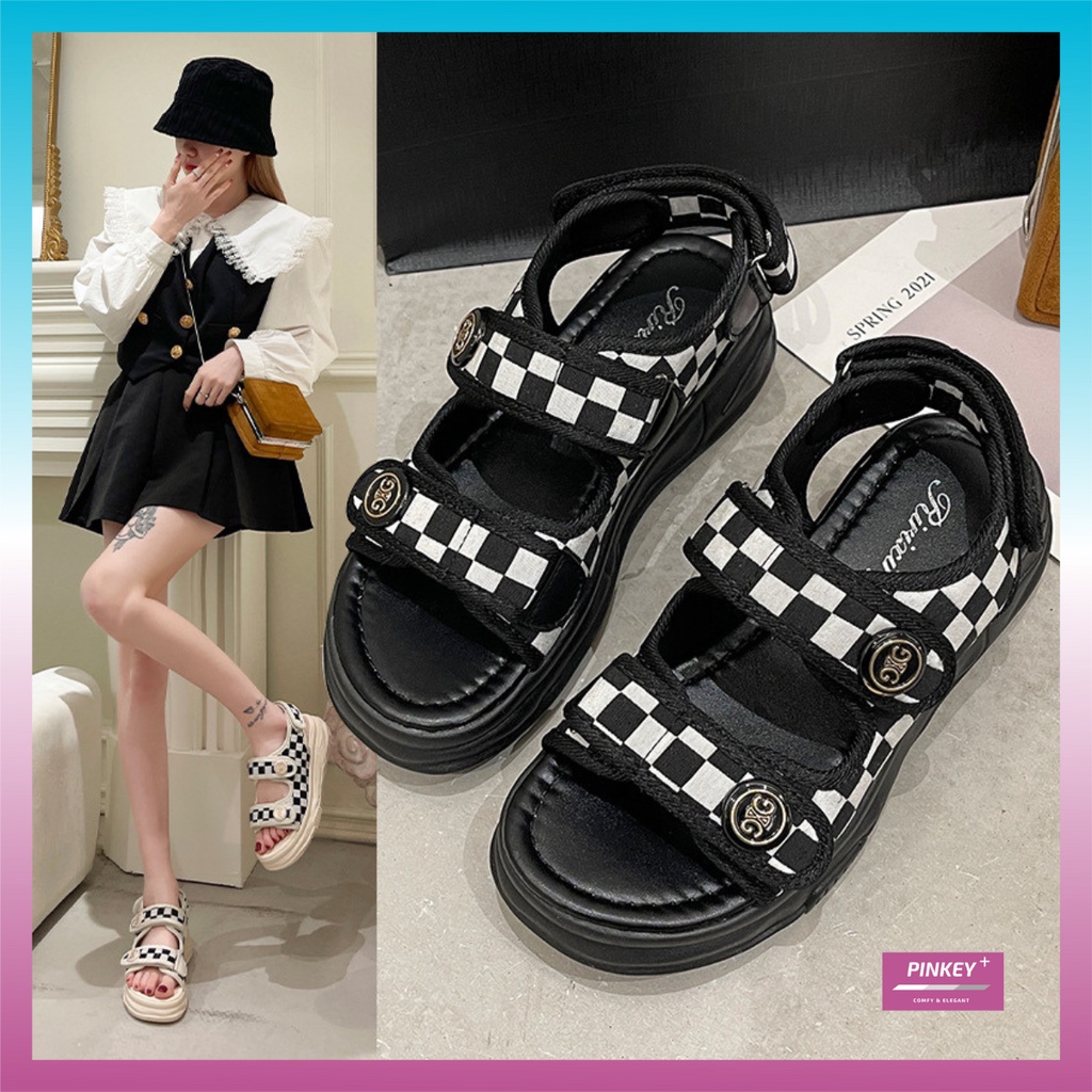 ✅PINKEY P038 Sandal Gunung Wanita Petak Hitam Putih Fashion Wanita Import