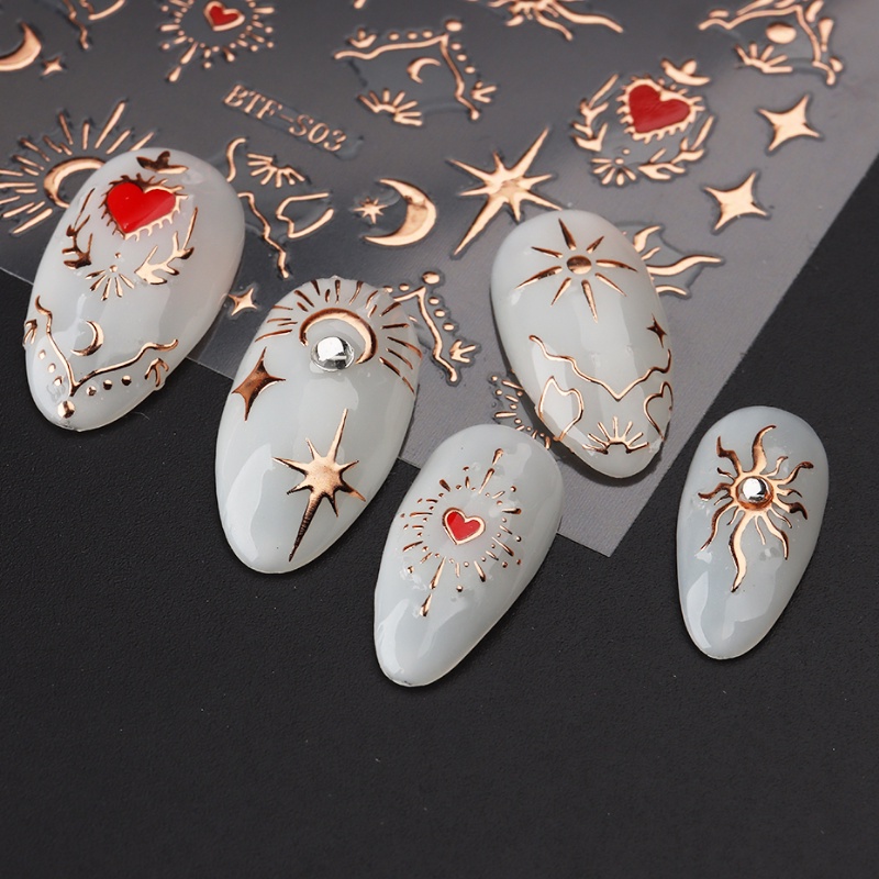 Stiker Nail Art Reflektif Bronzing 3D/Sun Moon Stars Hearts Self-adhensive Nail Decals