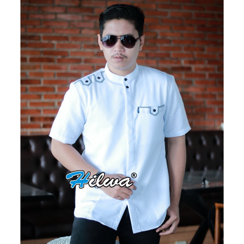 Kemeja Baju Koko Muslim Pria Dewasa Modern Kombinasi Batik Kain Katun Lengan Pendek Terbaru Motif An