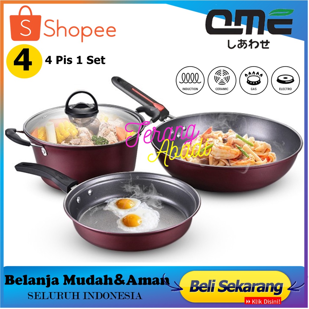Panci Set 4 Pcs Alat Masak Lengkap Anti Lengket Teflon dan Tutup Kaca Panci Serbaguna Panci Set