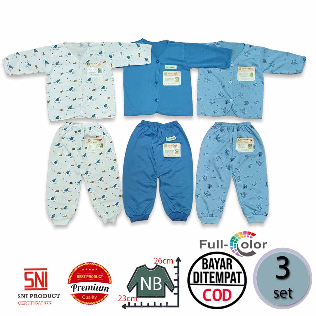 Isi 6 pcs Baju Bayi Panjang Celana Bayi 3 Set Baju Lengan Panjang Perlengkapan Bayi Baru Lahir Gift Set Baby Newborn Kado Murah Warna Polos Piyama Baju Tidur Ocean Series