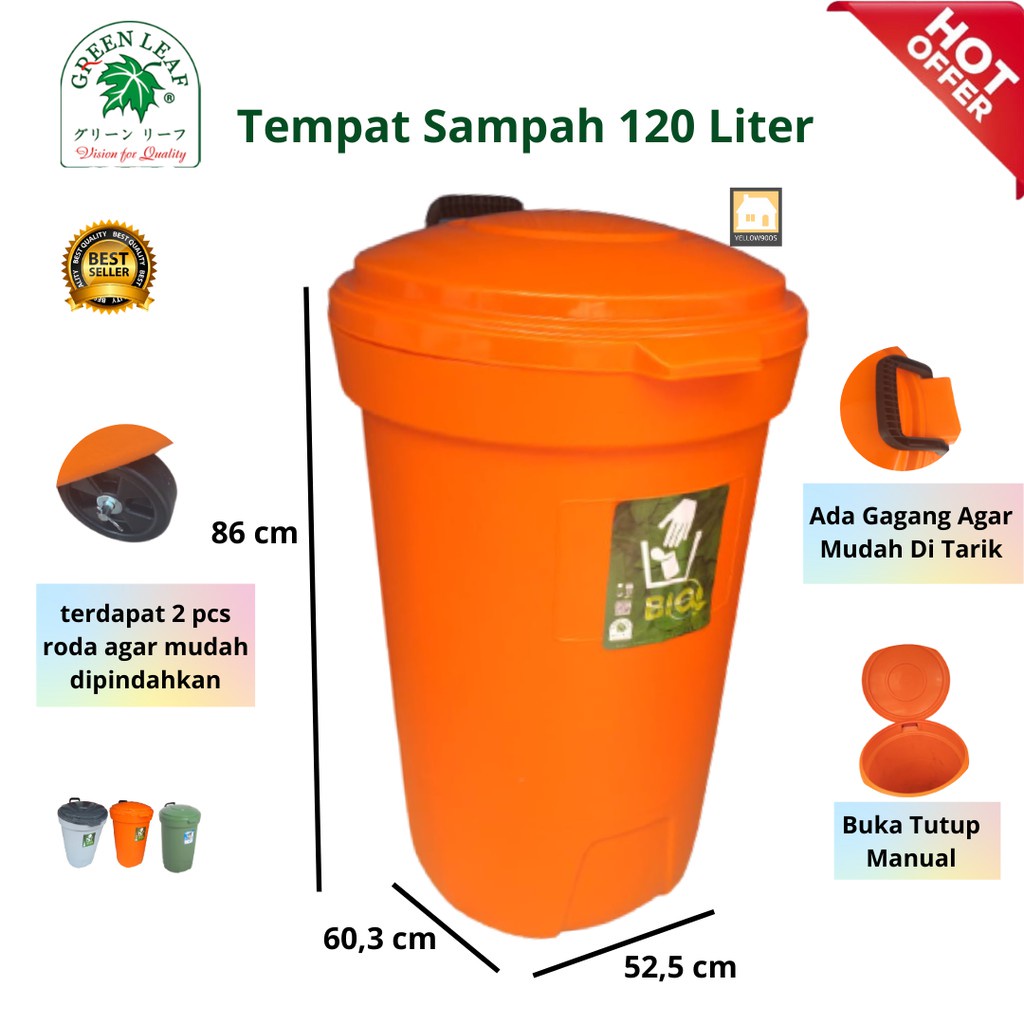 Tempat Sampah Bulat 120 Liter Roda Bio Buka Tutup 2120 Green Leaf