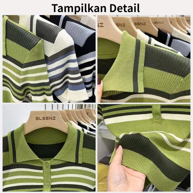 Stripe Baju Rajut Lengan Pendek Wanita Knit Sweater Korea