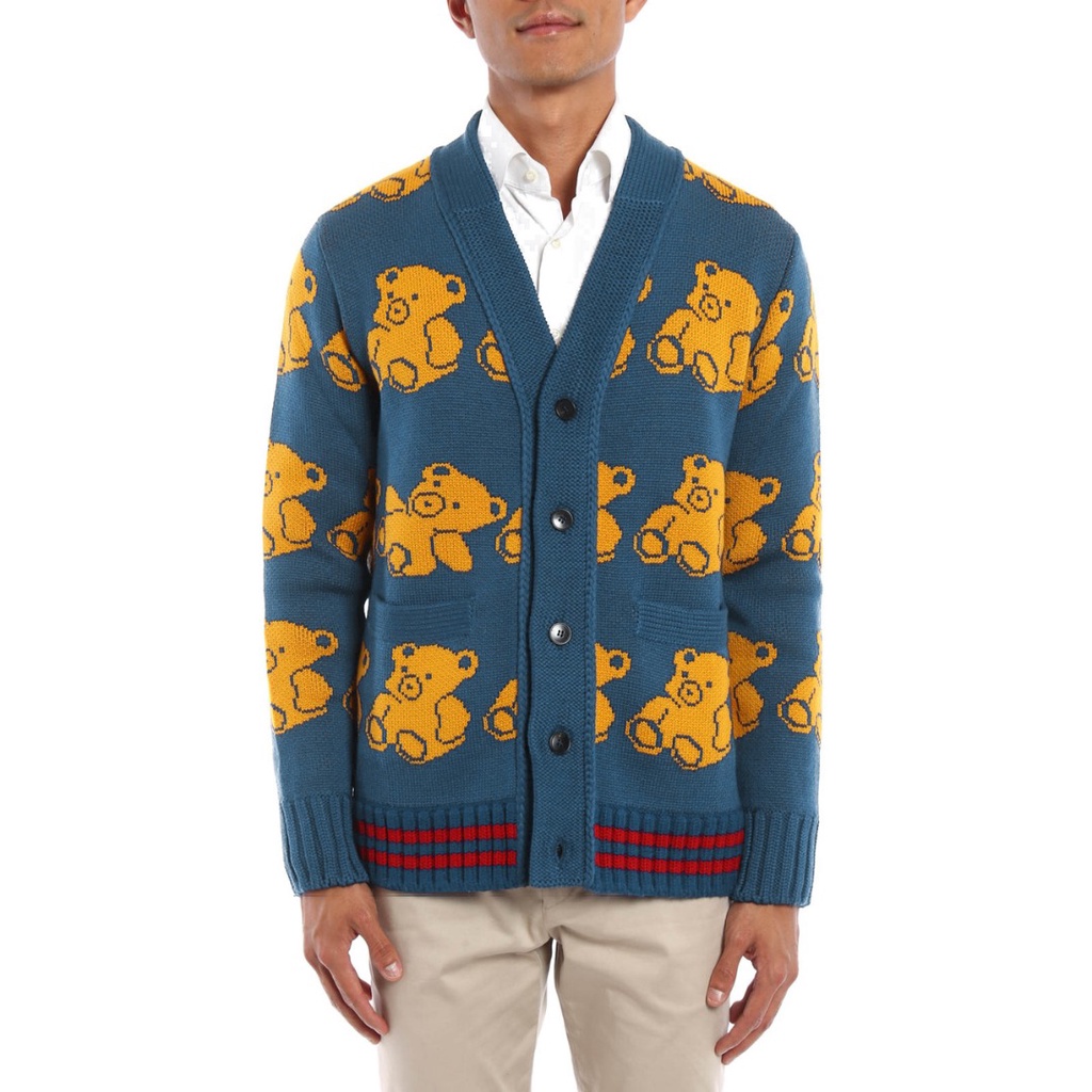 Teddy bear jacquard blue knit cardigan