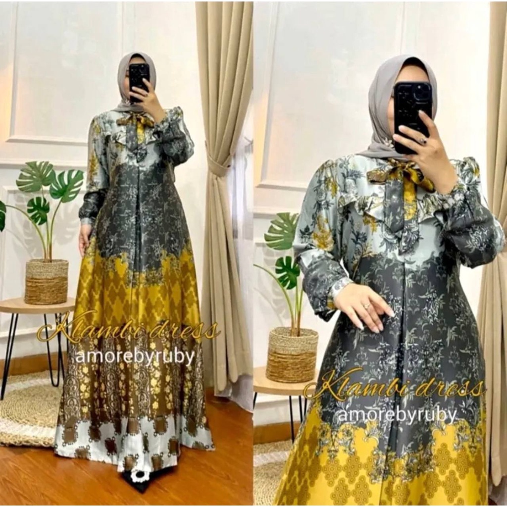 Amoreby Klambi Dress Wanita DiorSilk Gamis Terbaru Lengan Karet Panjang Maxidress Kerah Dasi Kekinian LD 110 cm