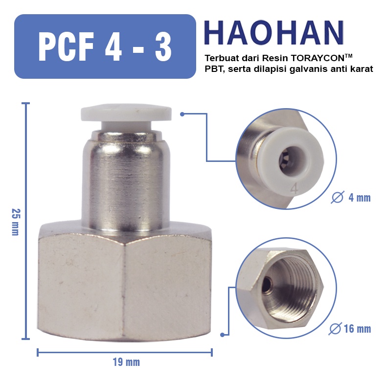 PCF Sambungan Pneumatic Fitting Lurus 10 / 12 / 8 / 6mm BSP 1 / 8 1/4 3/8 1/2 Female Thread Slip Lock