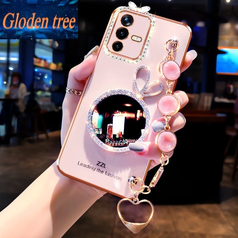 Casing Ponsel Pohon Gloden Untuk Vivo Y51 2020 Y15S 2021 Y21 2021 Y21S Y33S 4G Y33S 5G Y75 5G Y55S Y77 Y35 Kelinci vanity mirror Perhiasan Gelang, Bingkai Foto Dengan Berlian