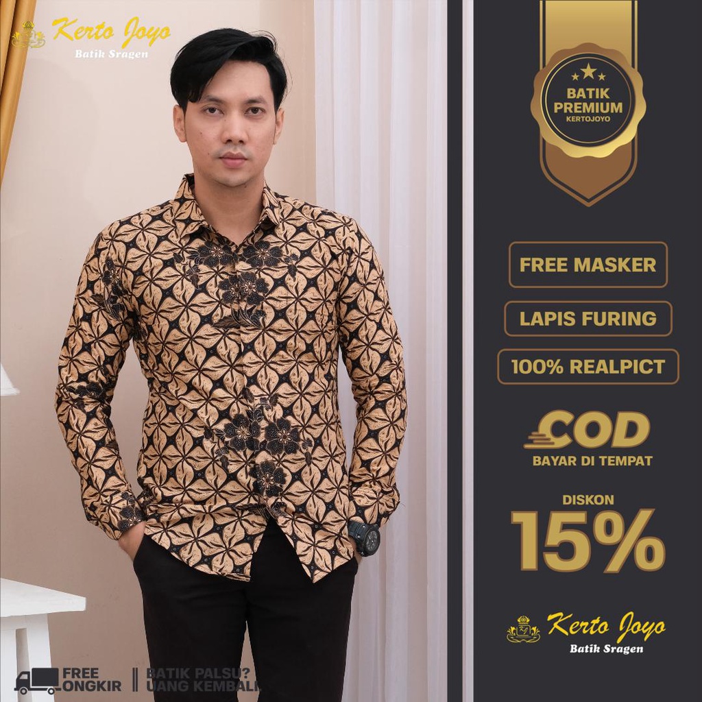 BAJU BATIK PRIA LENGAN PANJANG SLIM FIT PREMIUM FURING ADEM MODERN KEMEJA CASUAL FORMAL S M L XL XXL ACARA KONDANGAN KJ 04