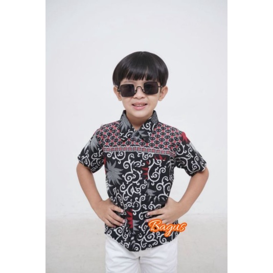 KEMEJA BATIK ANAK LAKI-LAKI LENGAN PENDEK MOTIF HITAM PUTIH UMUR 2-11TAHUN KAIN KATUN HALUS DAN ADEM